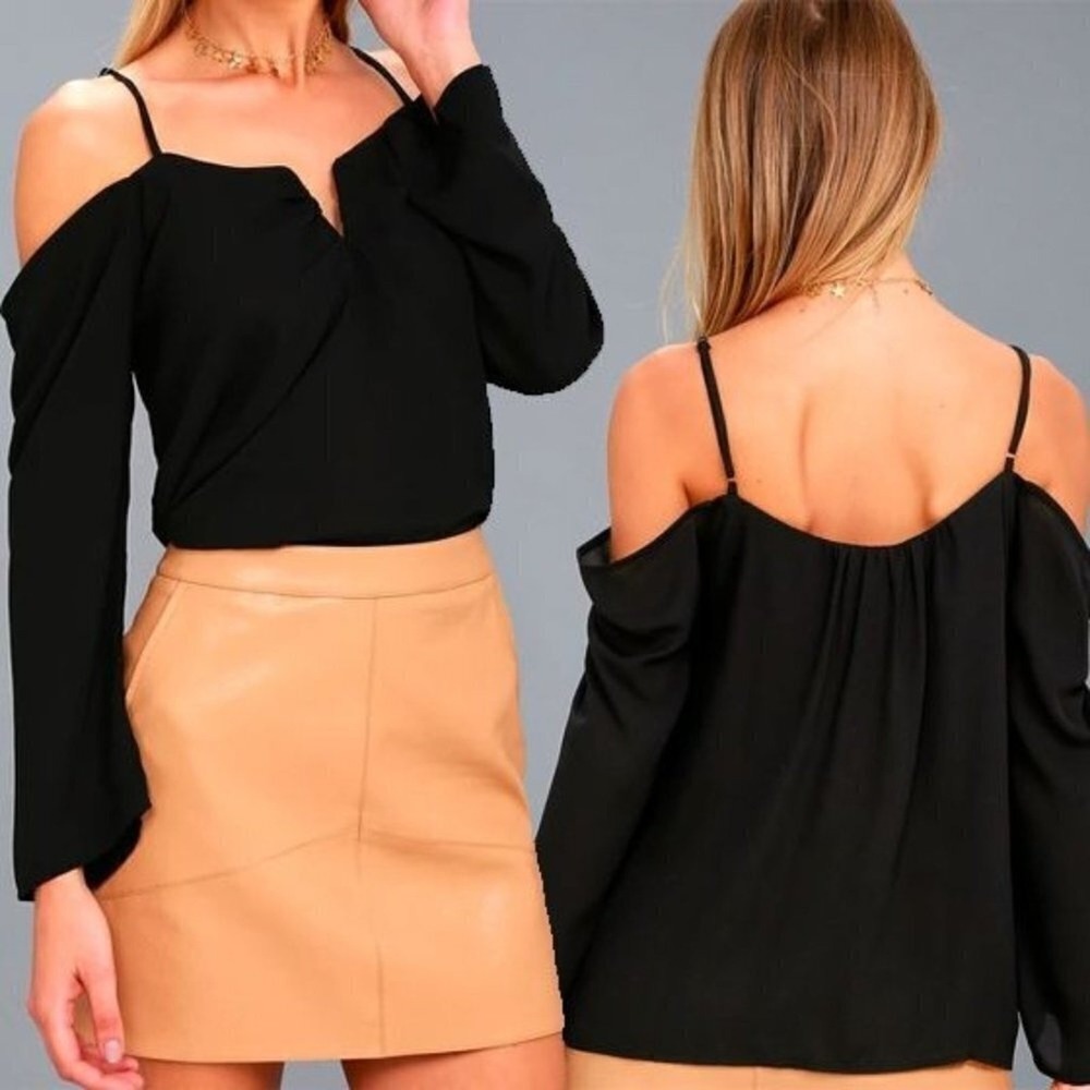 Lulus Womens XS Double Date Off Shoulder Top Black Capsule Long Sleeve